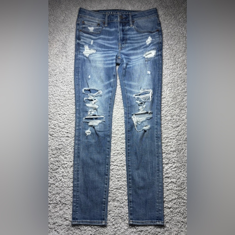 American Eagle Jeans Mens 31 Skinny Airflex Temp Tech Distressed Holes Grunge